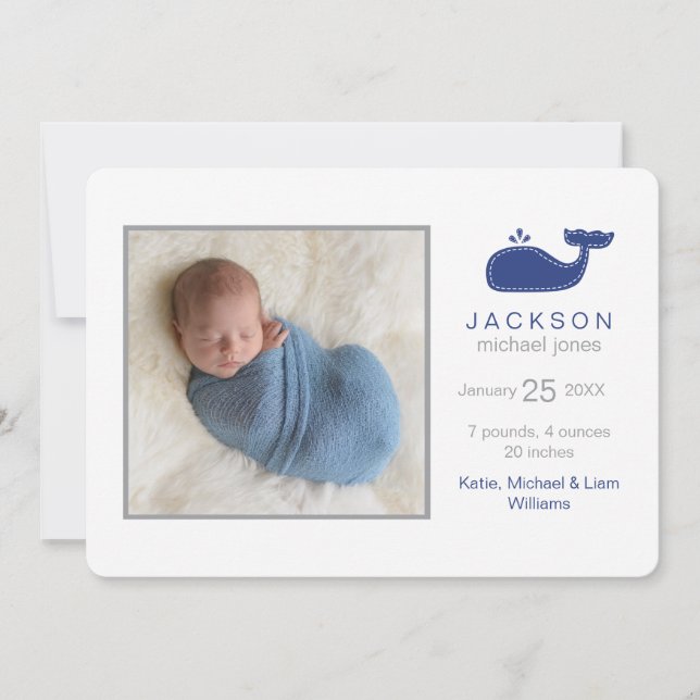 Preppy Whale Foto Geburtsankündigung, Baby Boy Ankündigung (Vorderseite)