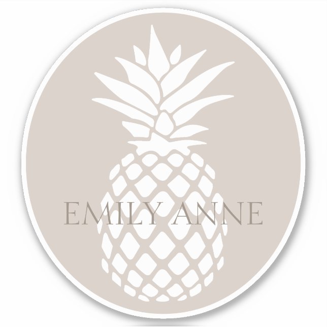 Preppy White Pineapple on Beige Personalized Aufkleber (Vorderseite)