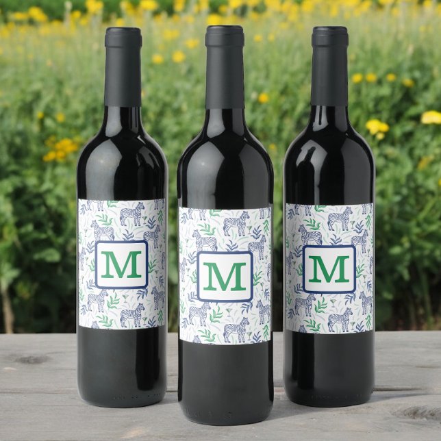 Preppy White Zebra Martinis Green Monogram Weinetikett (Von Creator hochgeladen)