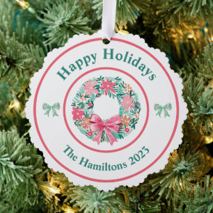 Preppy Wreath Bows Weihnachts Foto Ornament Card
