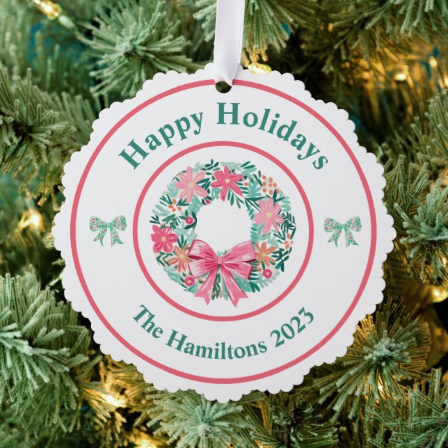 Preppy Wreath Bows Weihnachts Foto Ornament Card (Insitu (Baum))
