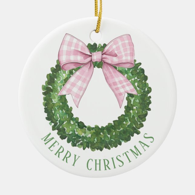 Preppy Wreath mit Pink Gingham Bow Keramik Ornament (Vorne)