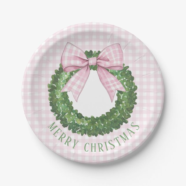 Preppy Wreath mit Pink Gingham Bow Pappteller (Vorderseite)