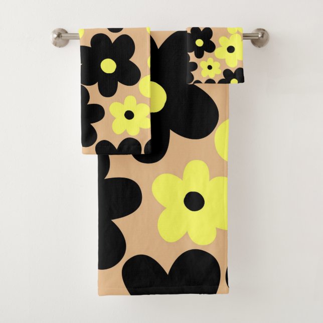 Preppy Yellow Black Hippie Blume Pattern Badhandtuch Set (Insitu)
