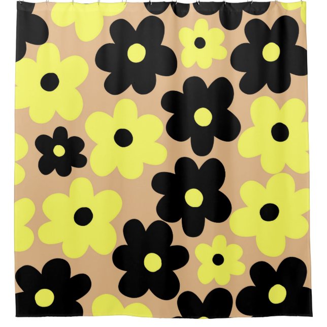 Preppy Yellow Black Hippie Blume Pattern Duschvorhang (Vorderseite)