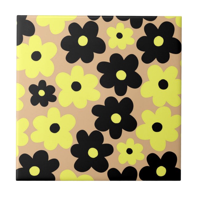 Preppy Yellow Black Hippie Blume Pattern Fliese (Vorderseite)