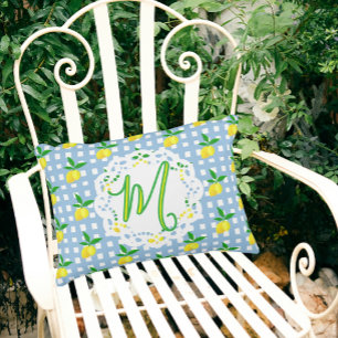 Preppy Yellow Lemons Blue White Karo Monogram Dekokissen