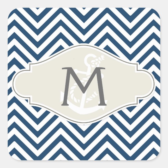 Preppy Zickzack Strip Moderner Nautical Anker Quadratischer Aufkleber (Vorderseite)