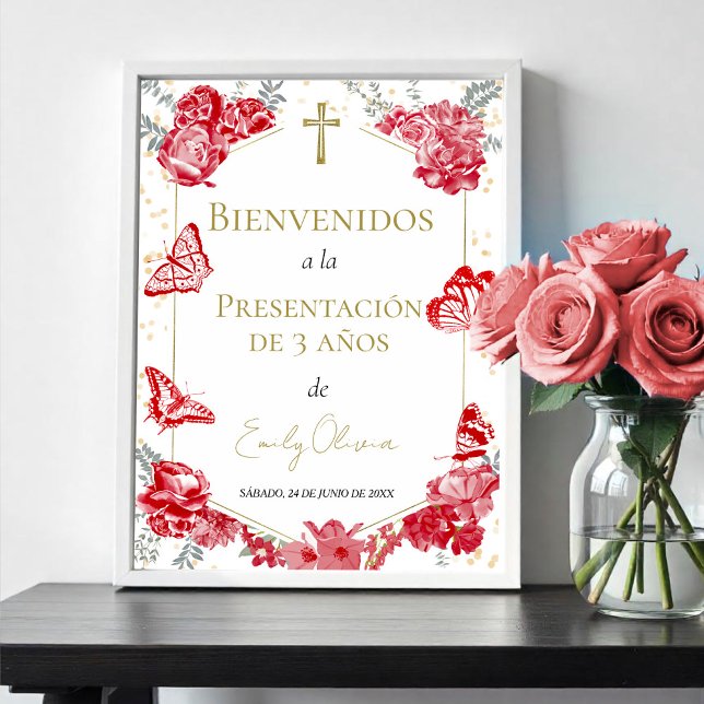 Presentación 3 años Welcome Sign Butterflys Red Poster (Von Creator hochgeladen)