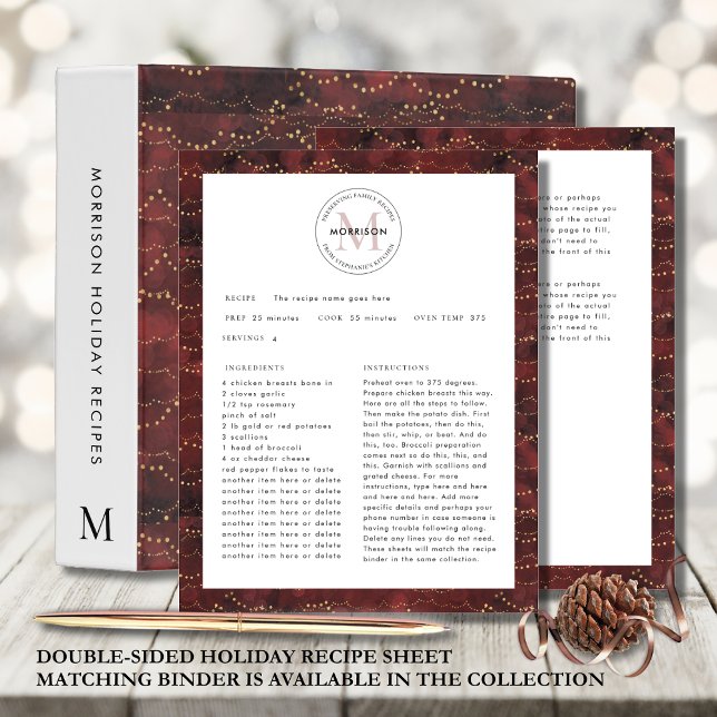 Préserver les recettes de famille Feuille de recet (Double-Sided Burgundy Christmas Recipe Sheet Preserving Family Recipes Designed for 3-Hole Punch)