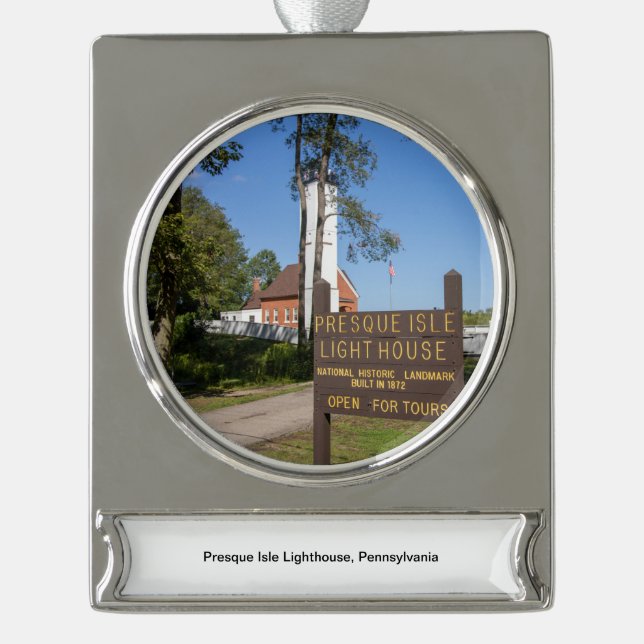 Presque Isle Lighthouse Banner-Ornament Silber (Vorderseite)