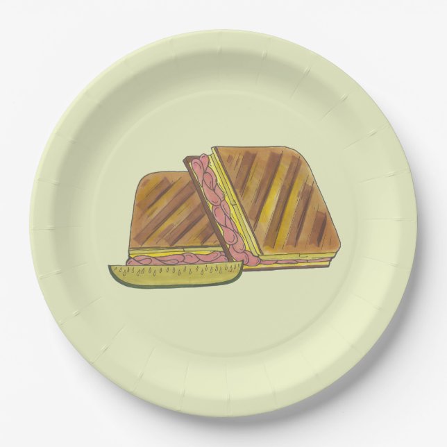 Pressed Cuban Sandwich Ham Cheese Salami PIckle Pappteller (Vorderseite)