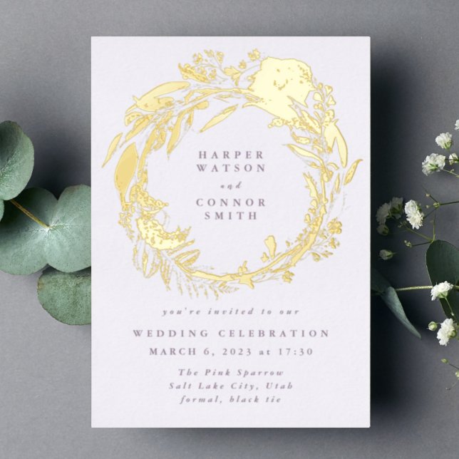 Pressed Gold Boho Micro Wildblume Wreath Wedding Folieneinladung (Von Creator hochgeladen)
