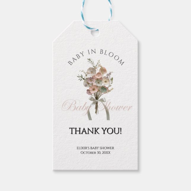 Pressed Wildblume Baby in Bloom Boho Babydusche Geschenkanhänger (Vorderseite)
