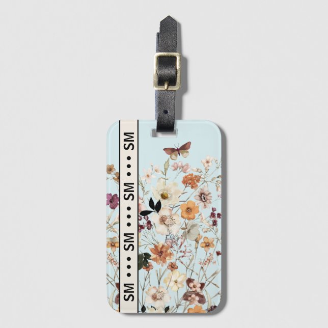Pressierte Wildblumen Cotattecore Monogramm Blau Gepäckanhänger (Vorderseite Vertikal)