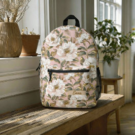 Pretty Big Camellia Flower Pink Golden Girly Name Bedruckter Rucksack