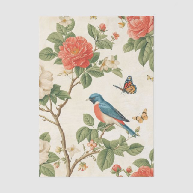 Pretty Bird and Butterflies with Peony Branches Seidenpapier (Vorderseite)