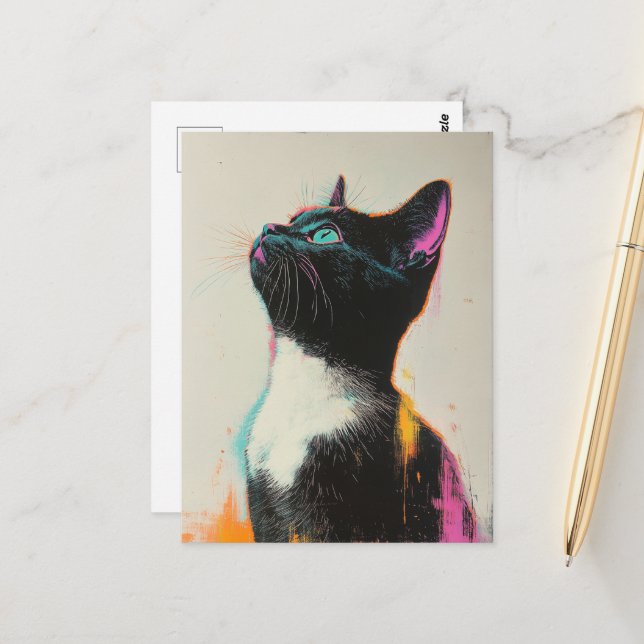 Pretty Black and White Kitty With Pink and Yellow  Postkarte (Vorderseite/Rückseite Beispiel)