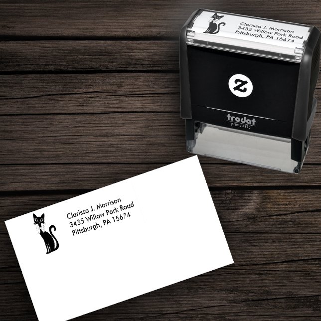 Pretty Black cat Big Eyes wearing Bow Permastempel (Pretty sitting black cat big eyes wearing bow on self inking return address stamp.)