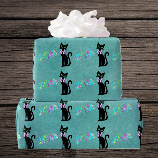 Pretty Black Mid Century Cat Pink Bow Christmas Geschenkpapier (Pretty black mid century style cats colourful Merry Christmas text on teal roll of wrapping paper.)