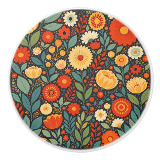 Pretty Blue and Orange Floral Folk Art Keramikknauf