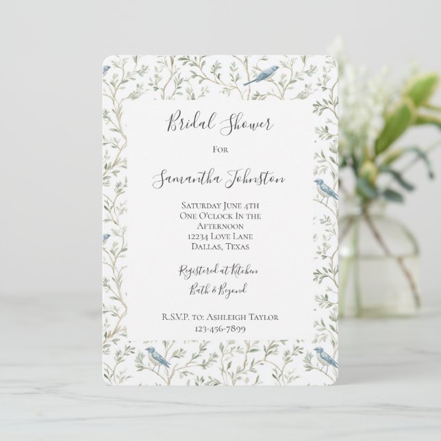 Pretty Blue Birds Dream Bridal Shower Einladung (Stehend Vorderseite)