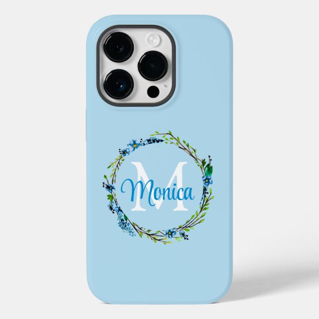 Pretty Blue Floral Wreath with Monogram Case-Mate iPhone 14 Pro Hülle (Rückseite)