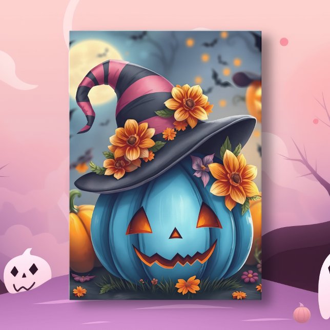 Pretty Blue Halloween Pumpkin Jack-o-lantern Karte (Von Creator hochgeladen)