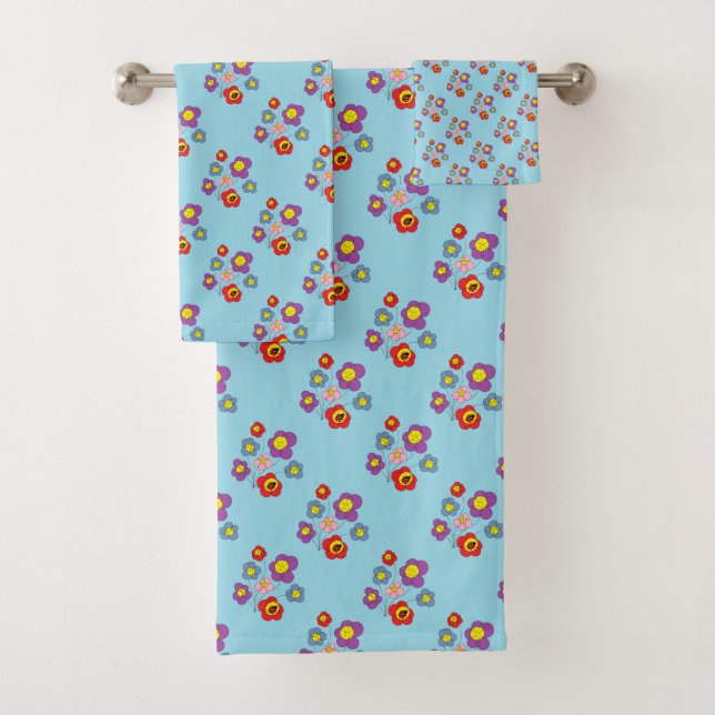 Pretty Blue Ladybug and Flowers Pattern Badhandtuch Set (Insitu)