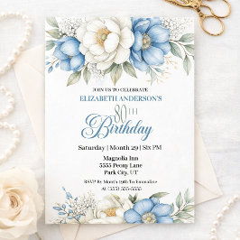 Pretty Blue Magnolia and Peony 80th Birthday Einladung