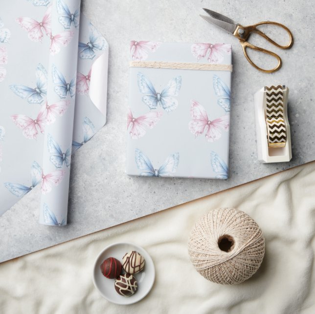 Pretty Blue Pink Butterflies Birthday Geschenkpapier (Kunsthandwerk)