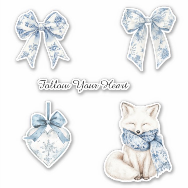 Pretty Blue White Floral Bows Heart Fox Aufkleber (Vorderseite)