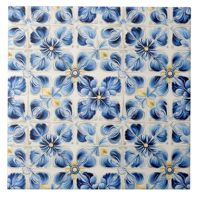 Pretty Blue & Yellow Floral Vintage Fliese (Vorderseite)