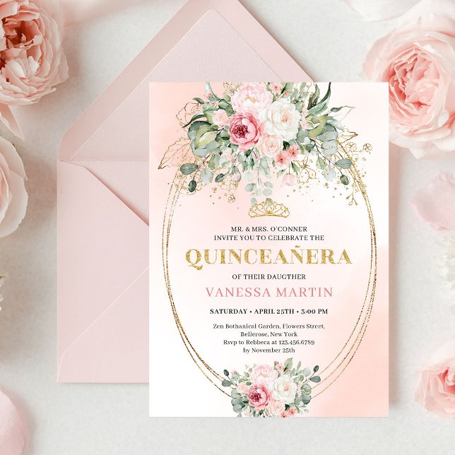 Pretty Blush Pink Eucalyptus Quinceañera Invite Einladung (Pretty Blush Pink Eucalyptus Quinceañera Invite

)