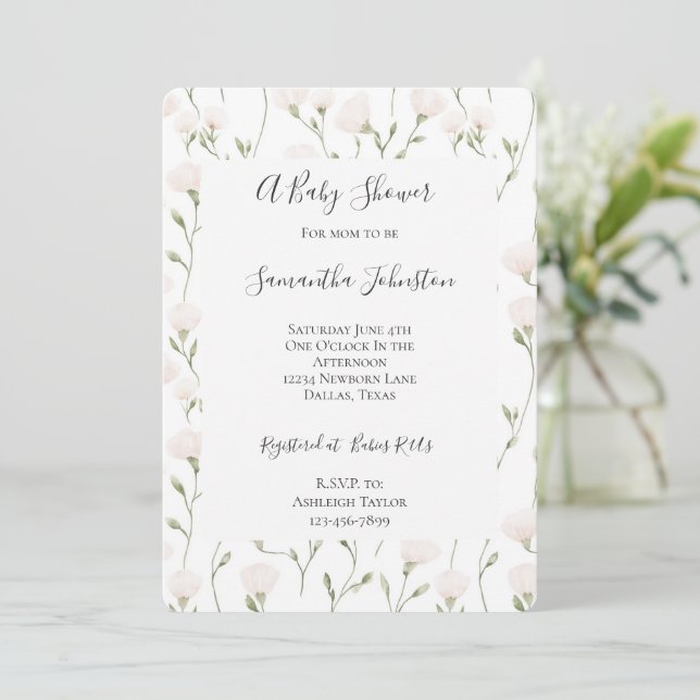 Pretty Blush Pink Floral Baby Shower Einladung (Stehend Vorderseite)