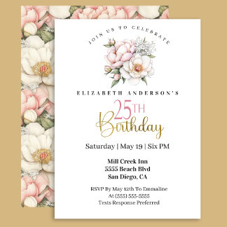 Pretty Blush Pink Peony Floral 25th Birthday Einladung