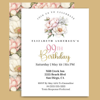 Pretty Blush Pink Peony Floral 99th Birthday Einladung
