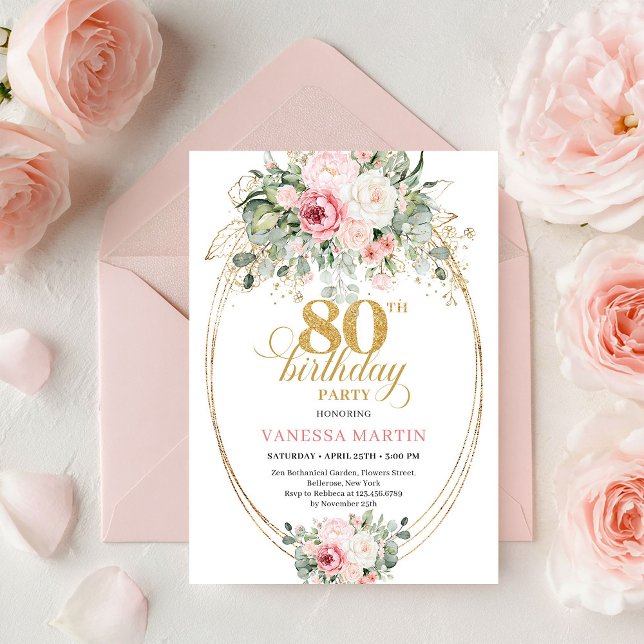 Pretty Boho Blush Roses 80th Birthday Invitation  (Pretty Boho Blush Roses 80th Birthday Invitation Art

)