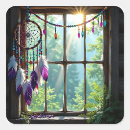Pretty Boho Purple Dreamcatcher in Window   Quadratischer Aufkleber