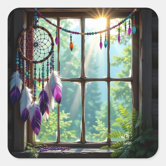 Pretty Boho Purple Dreamcatcher in Window   Quadratischer Aufkleber (Vorderseite)