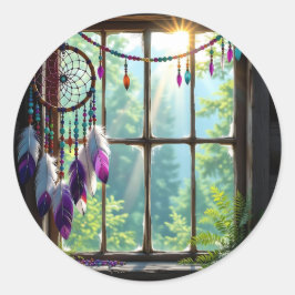 Pretty Boho Purple Dreamcatcher in Window   Runder Aufkleber