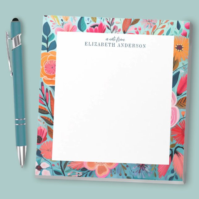 Pretty Botanical Girly Floral Notizblock (A pretty colorful floral notepad. A stylish office accessory. Personalize it with your name.)