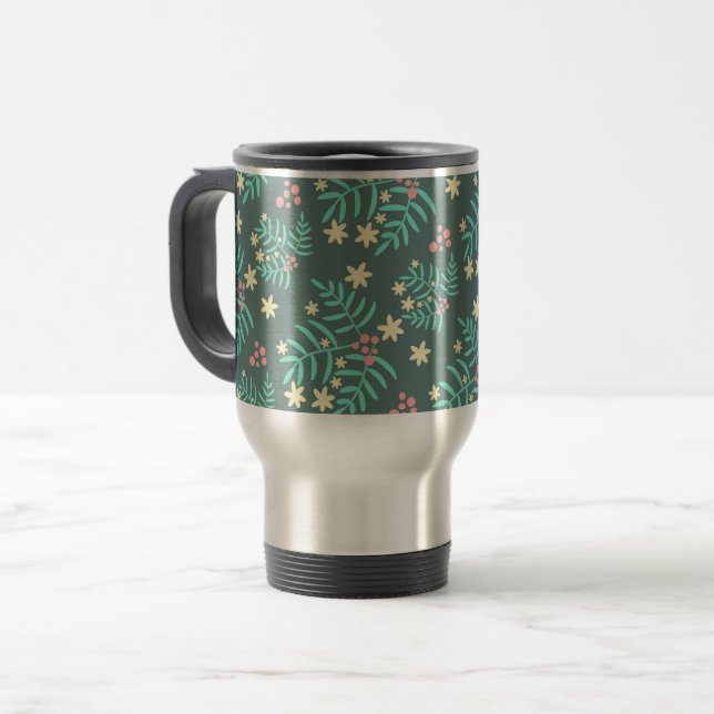 Pretty Botanical Leaves and Berries Blue Pattern Reisebecher (Vorderseite Links)