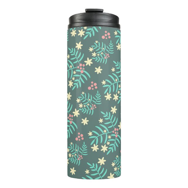 Pretty Botanical Leaves and Berries Blue Pattern Thermosbecher (Vorderseite)