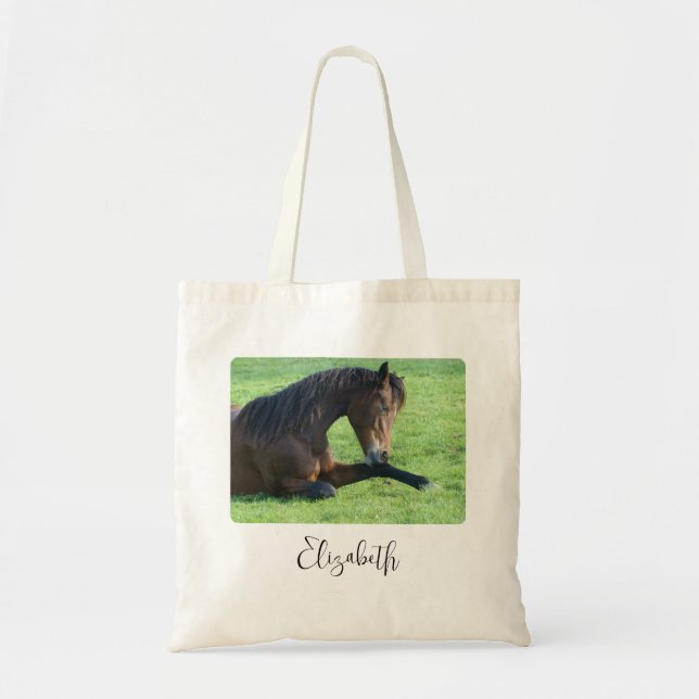 Pretty Brown Horse Laying in the Grass Tragetasche (Vorne)