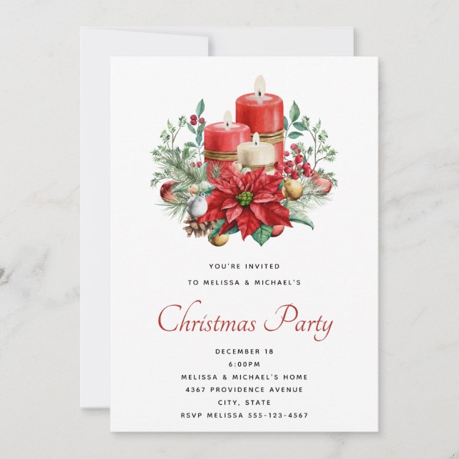 Pretty Candles and Poinsettia Bouquet Christmas Einladung (Vorderseite)