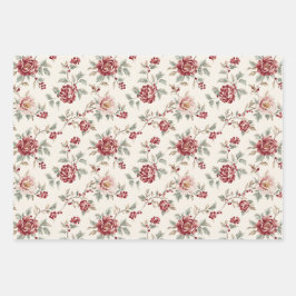 Pretty Chic Red Cream Floral Birthday  Geschenkpapier Set