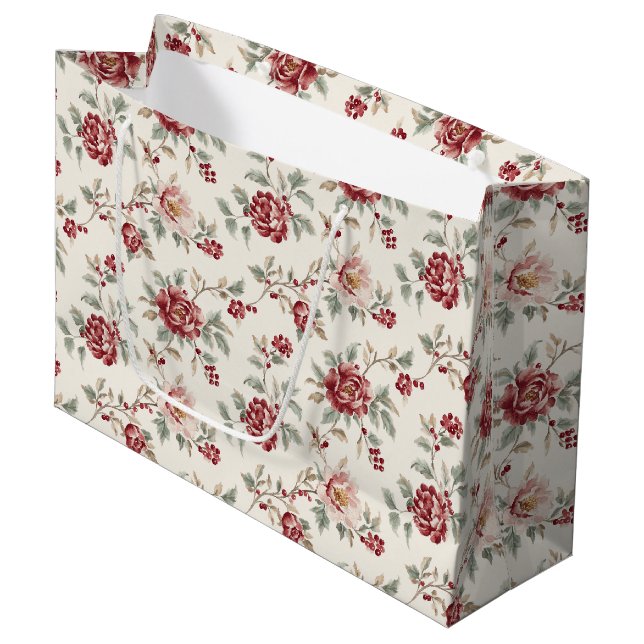 Pretty Chic Red Cream Floral Birthday  Große Geschenktüte (Vorderseite Schrägansicht)