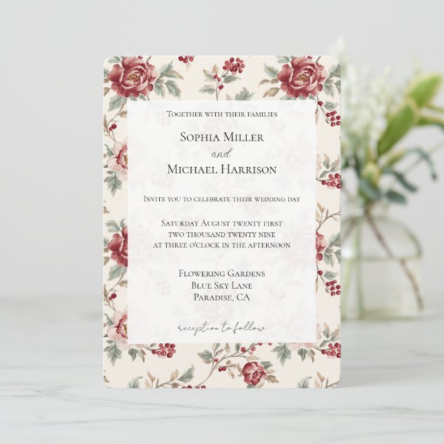 Pretty Chic Red Cream Floral Wedding Einladung (Stehend Vorderseite)