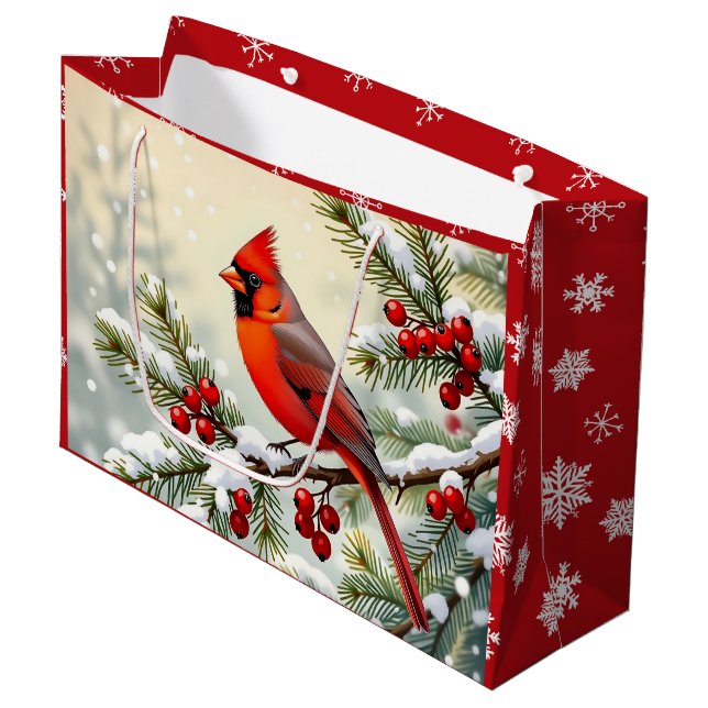 Pretty Christmas Cardinal and Snowflakes Christmas Große Geschenktüte (Vorderseite Schrägansicht)